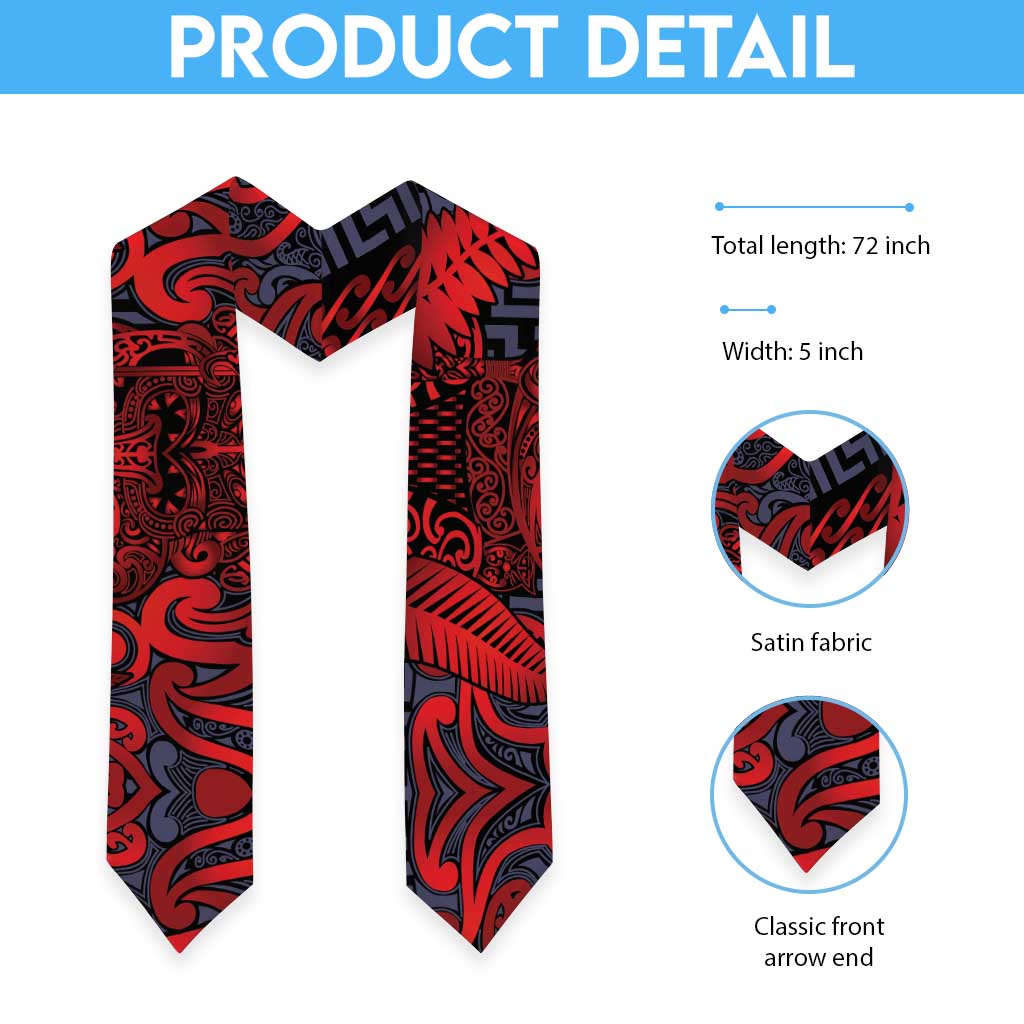 New Zealand Taiaha Maori Graduation Stole Whero Minimalist Silver Fern Tukutuku Motif