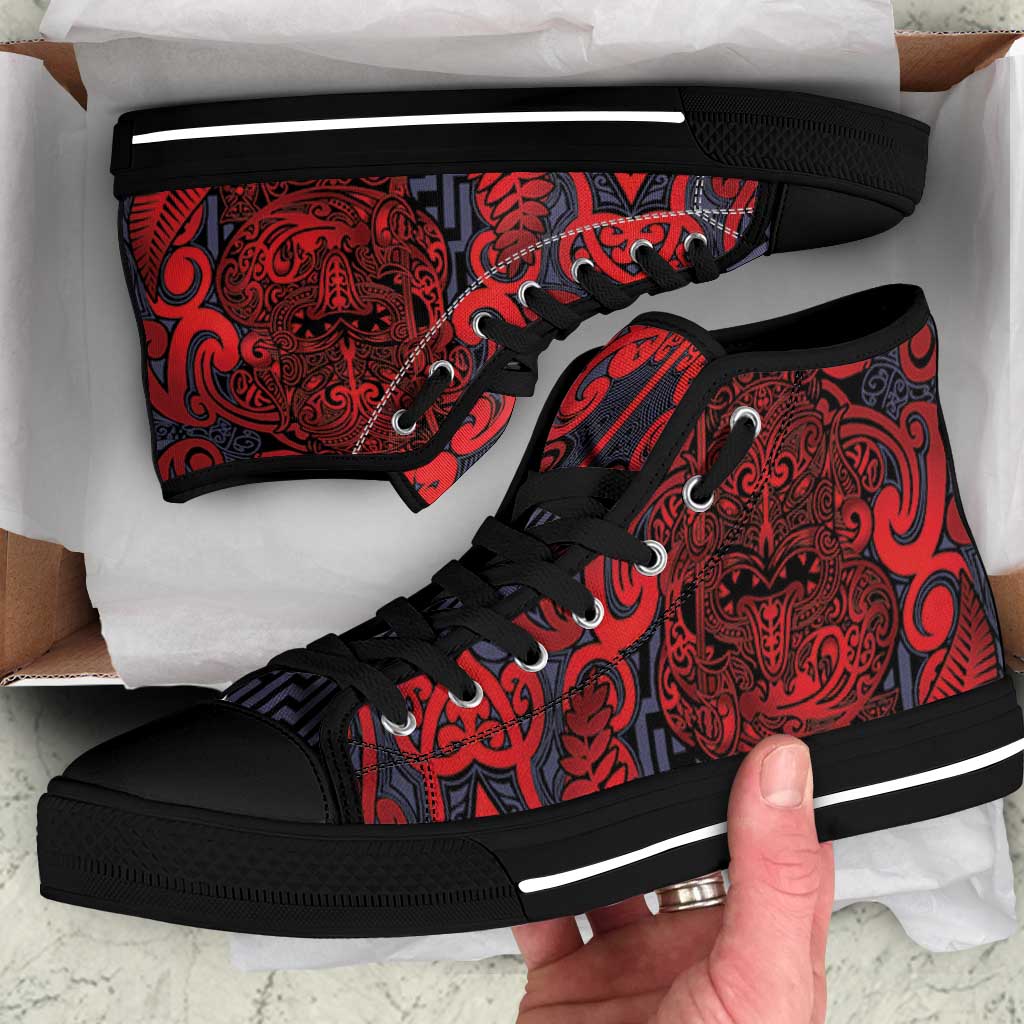 New Zealand Taiaha Maori High Top Shoes Whero Minimalist Silver Fern Tukutuku Motif