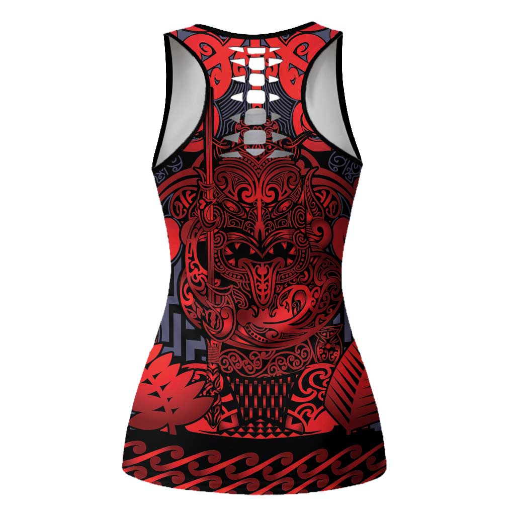 New Zealand Taiaha Maori Hollow Tank Top Whero Minimalist Silver Fern Tukutuku Motif