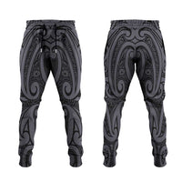 New Zealand Taiaha Maori Jogger Pants Minimalist Silver Fern All Black - Polynesian Pride