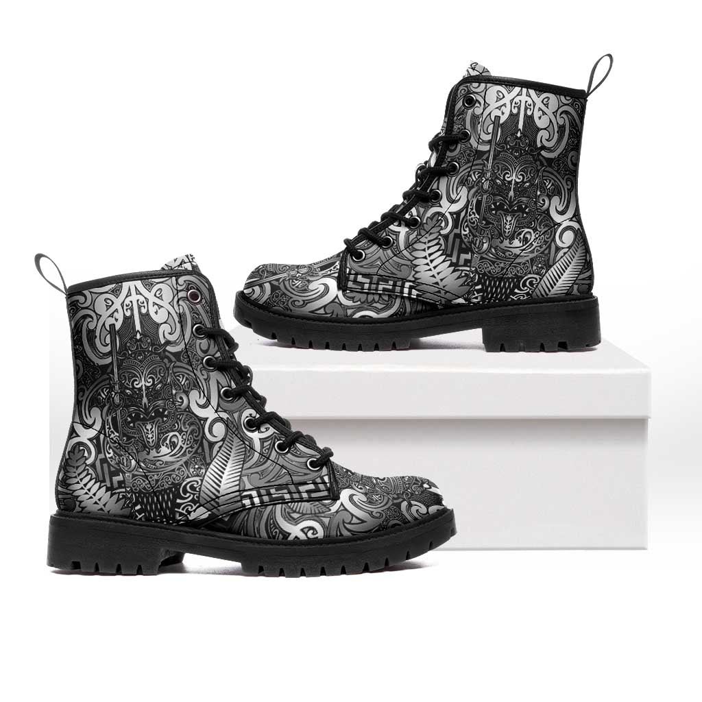 New Zealand Taiaha Maori Leather Boots Kiwikiwi Minimalist Silver Fern Tukutuku Motif