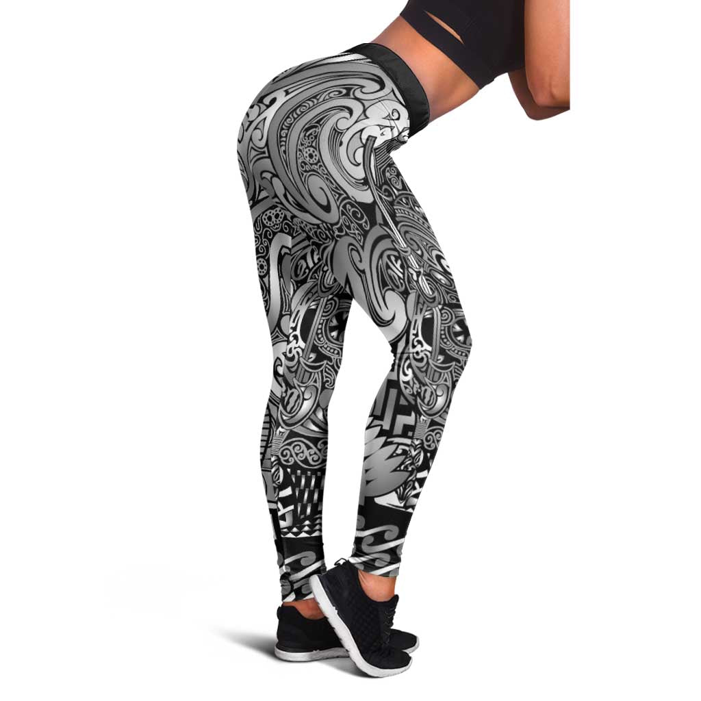 New Zealand Taiaha Maori Leggings Kiwikiwi Minimalist Silver Fern Tukutuku Motif