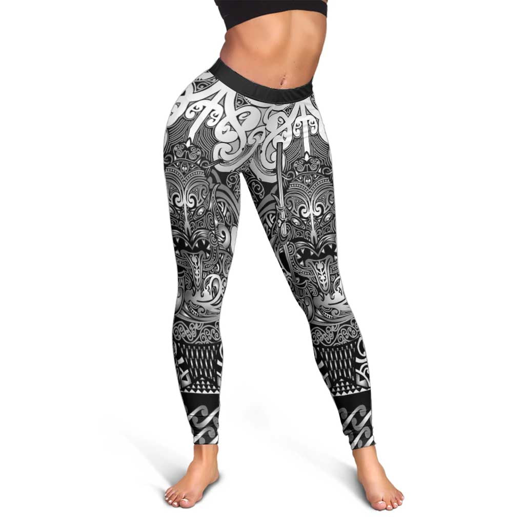 New Zealand Taiaha Maori Leggings Kiwikiwi Minimalist Silver Fern Tukutuku Motif