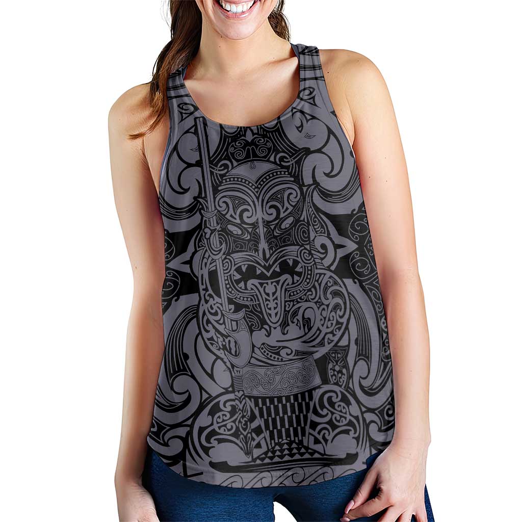 New Zealand Taiaha Maori Women Racerback Tank Minimalist Silver Fern All Black LT09