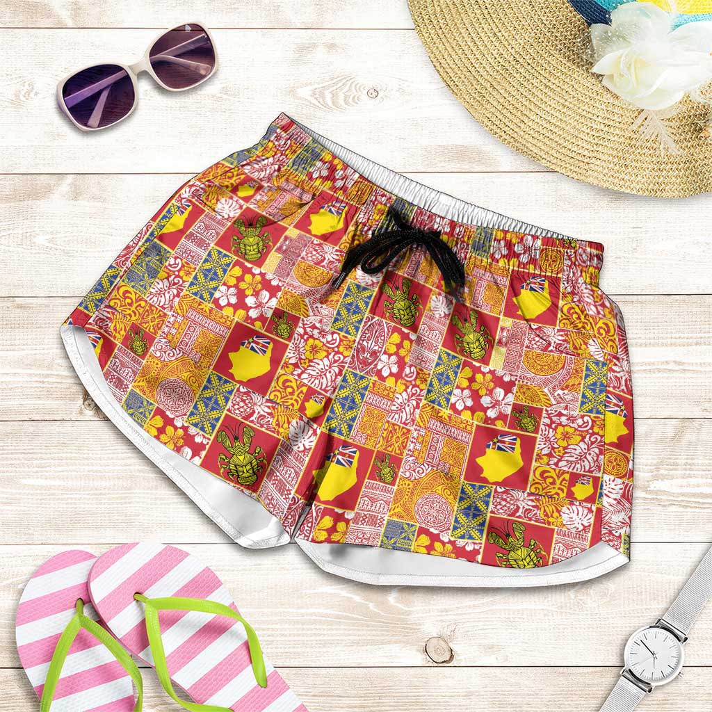 Niue Monuina e Kilisimasi Shorts for Women Pacific Patchwork Xmas Vibes LT9 Yellow - Polynesian Pride