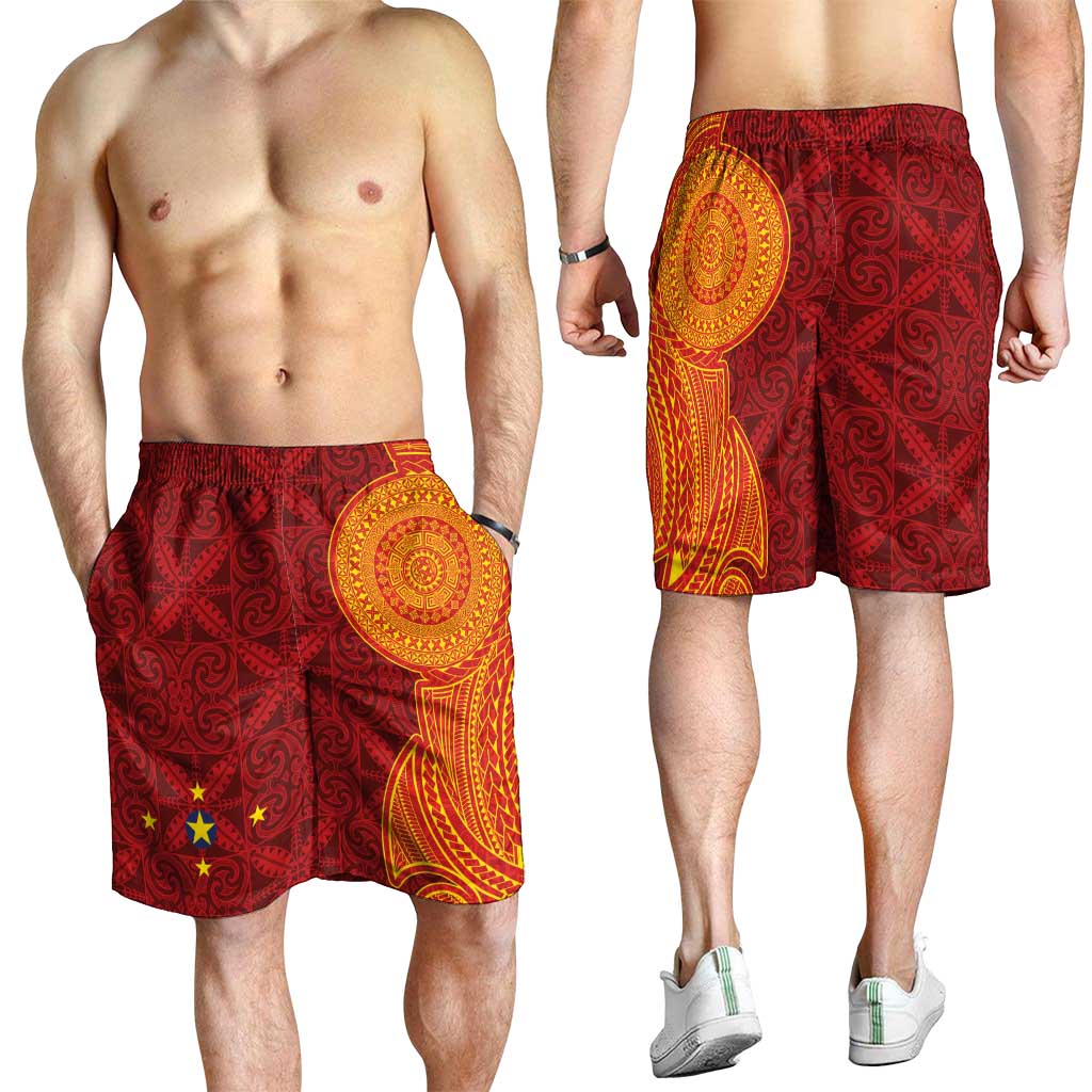 Niue Polynesian Hiapo Tattoo Art Shorts for Men Half Style Red Yellow Color - Polynesian Pride
