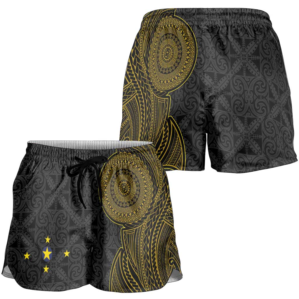 Niue Polynesian Hiapo Tattoo Art Shorts for Women Half Style Black Gold Color - Polynesian Pride