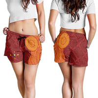 Niue Polynesian Hiapo Tattoo Art Shorts for Women Half Style Red Yellow Color - Polynesian Pride