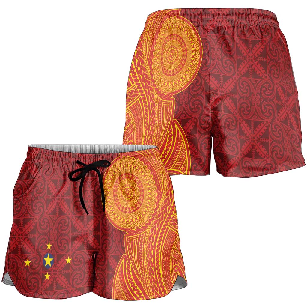 Niue Polynesian Hiapo Tattoo Art Shorts for Women Half Style Red Yellow Color - Polynesian Pride