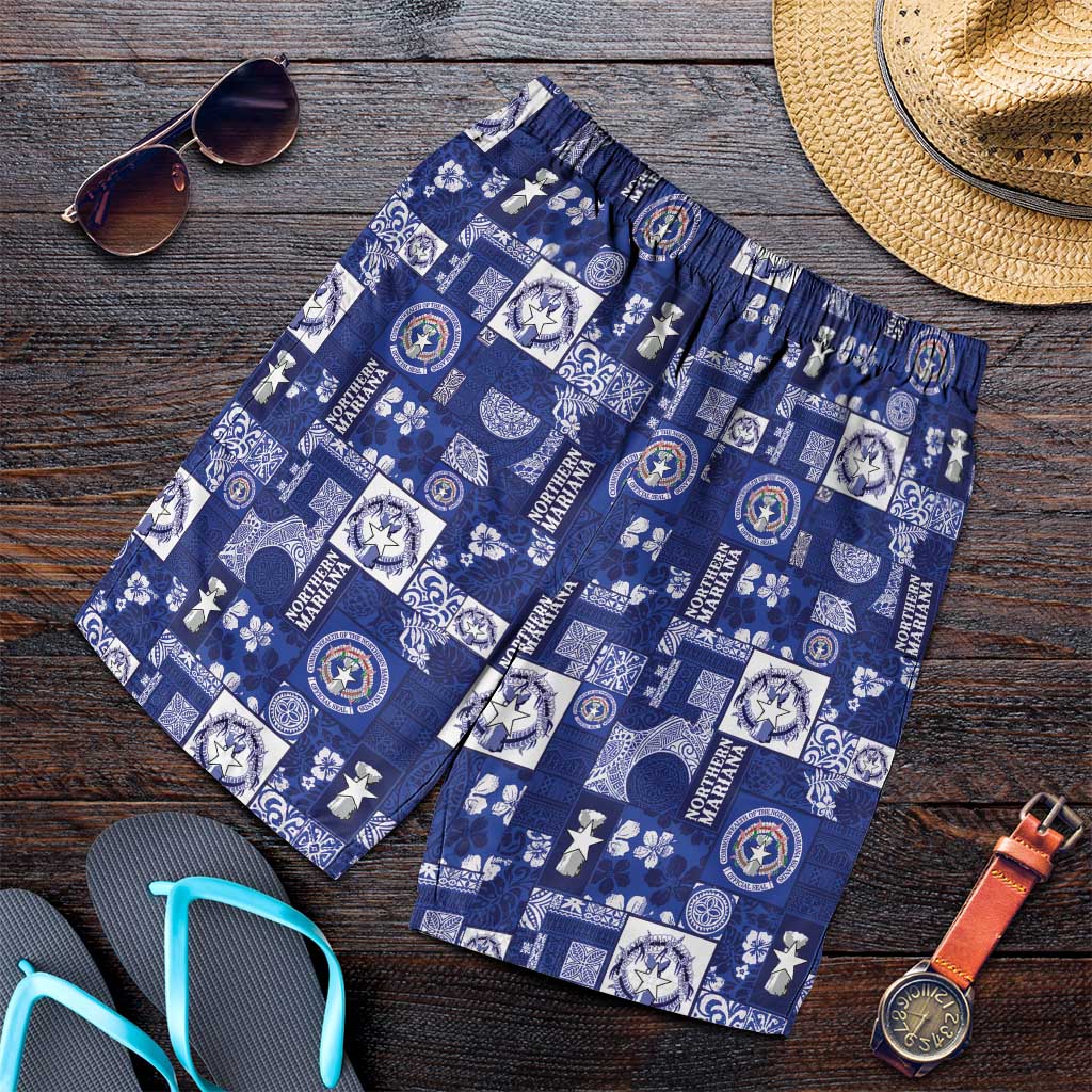 Northern Mariana Islands Magof Nochebuena Shorts for Men Pacific Patchwork Xmas Vibes LT9 Blue - Polynesian Pride