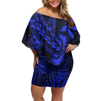 Polynesian Off Shoulder Short Dress Blue Hawaiian Tribal Hammerhead Shark LT14