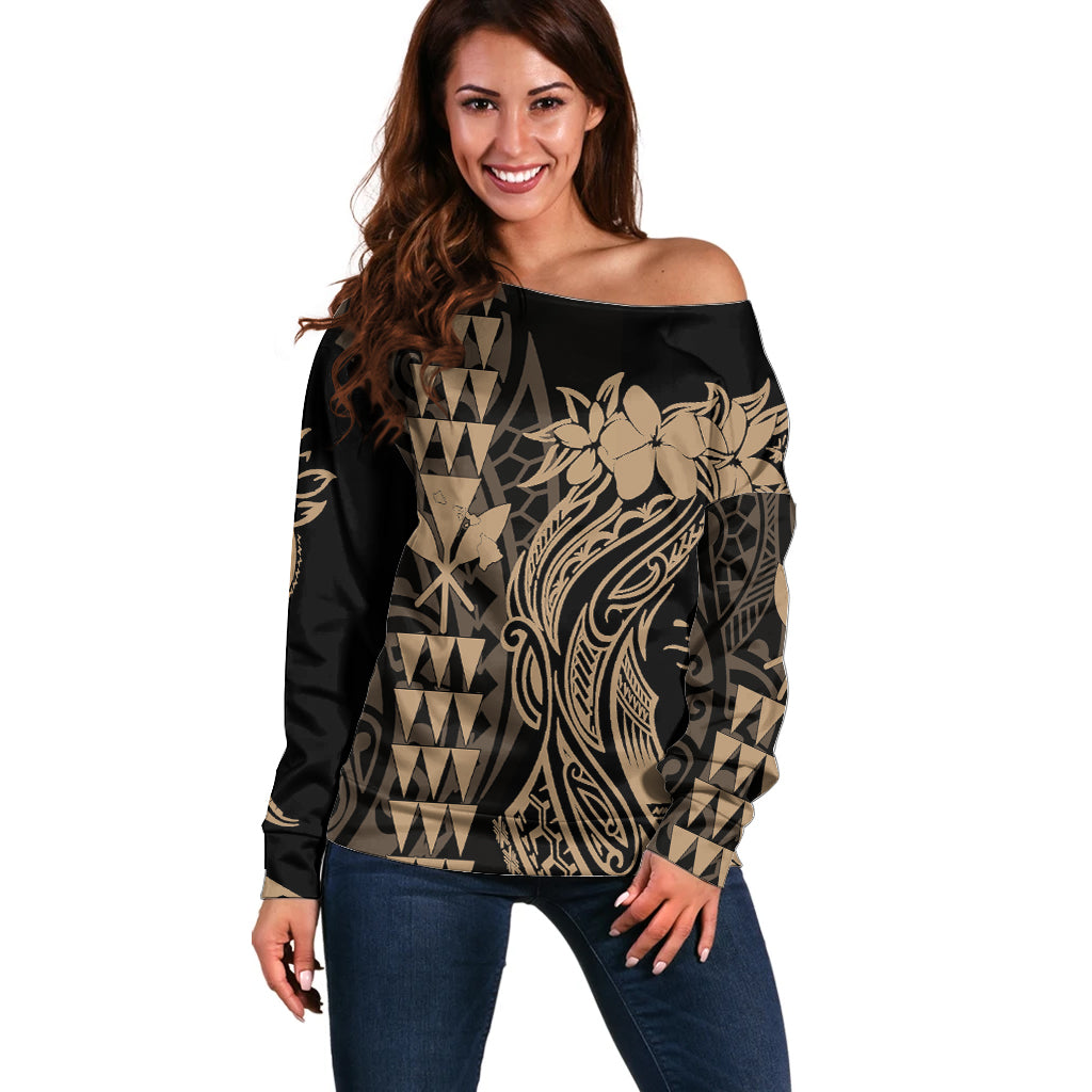 Hawaii Map Kanaka Polynesian Hula Girl Women's Off Shoulder Sweater Gold - AH - J5R