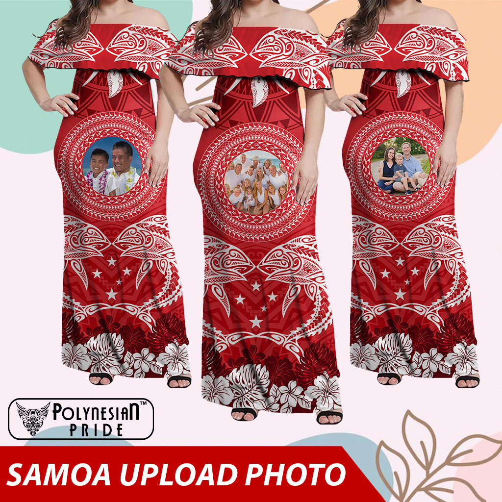 Custom Photo Samoa Off Shoulder Maxi Dress Polynesian Fish Tattoo and Boar Tusk Art CTM09 - Polynesian Pride