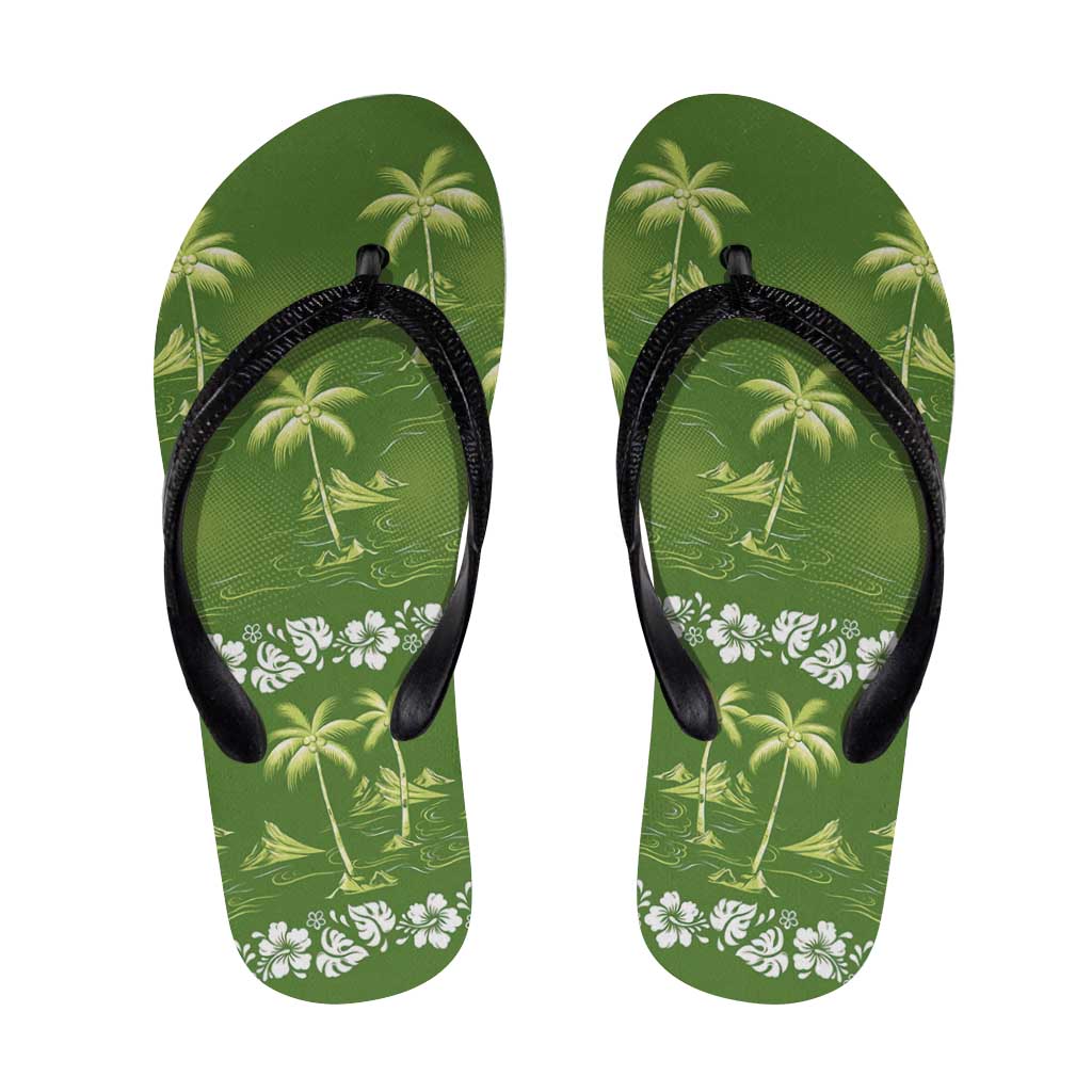 Olive Green Hawaii Palm Tree Hibiscus Flip Flops Fantasy Summer Vibe