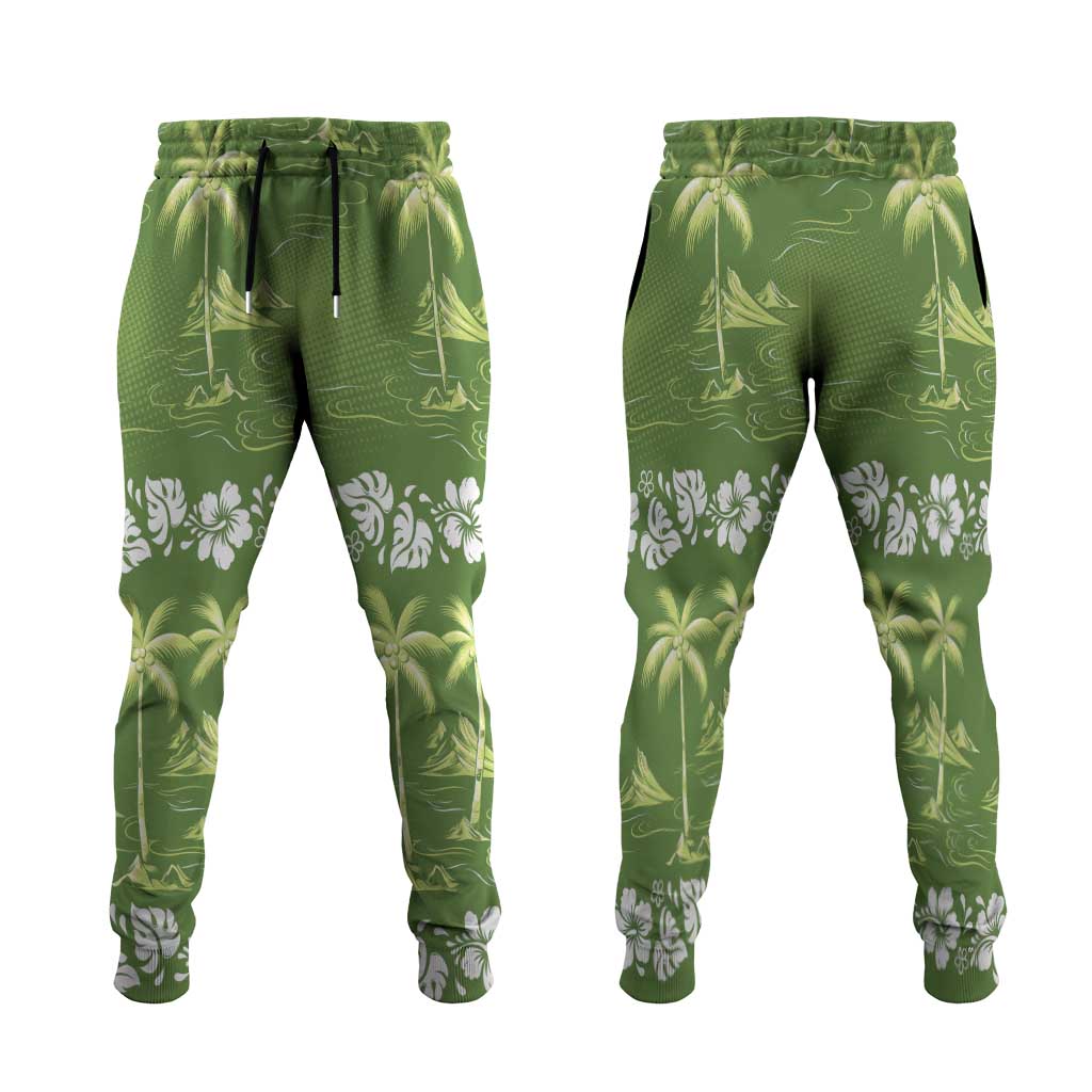 Olive Green Hawaii Palm Tree Hibiscus Jogger Pants Fantasy Summer Vibe