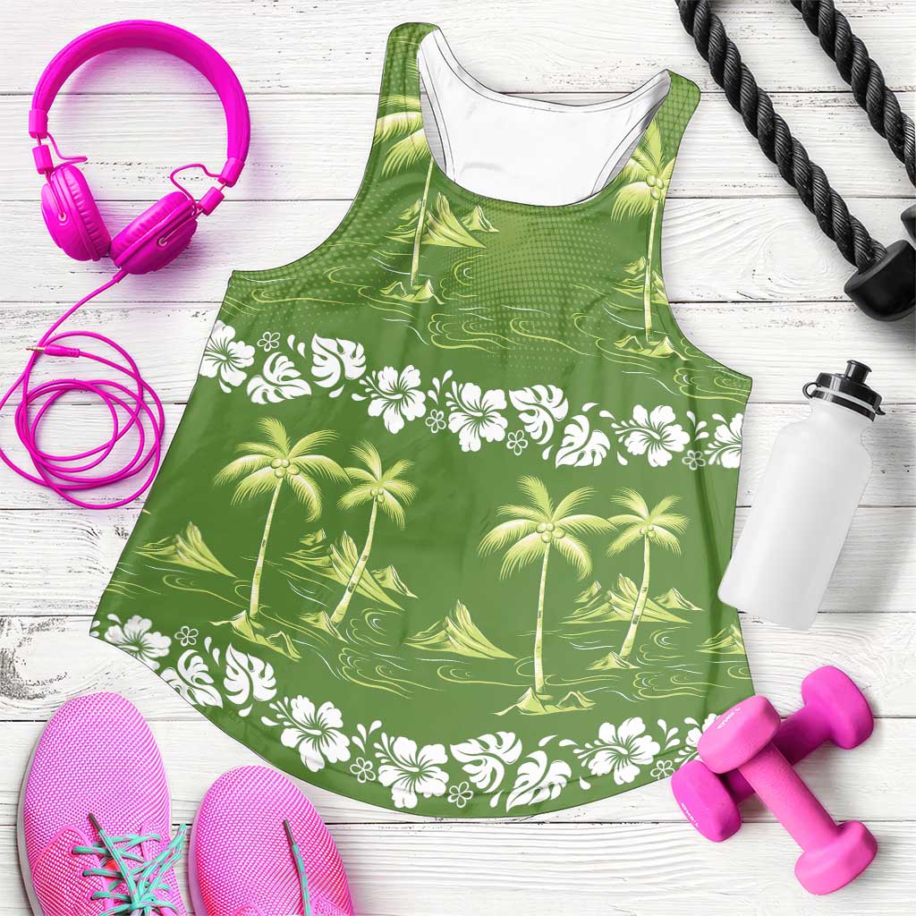 Olive Green Hawaii Palm Tree Hibiscus Women Racerback Tank Fantasy Summer Vibe