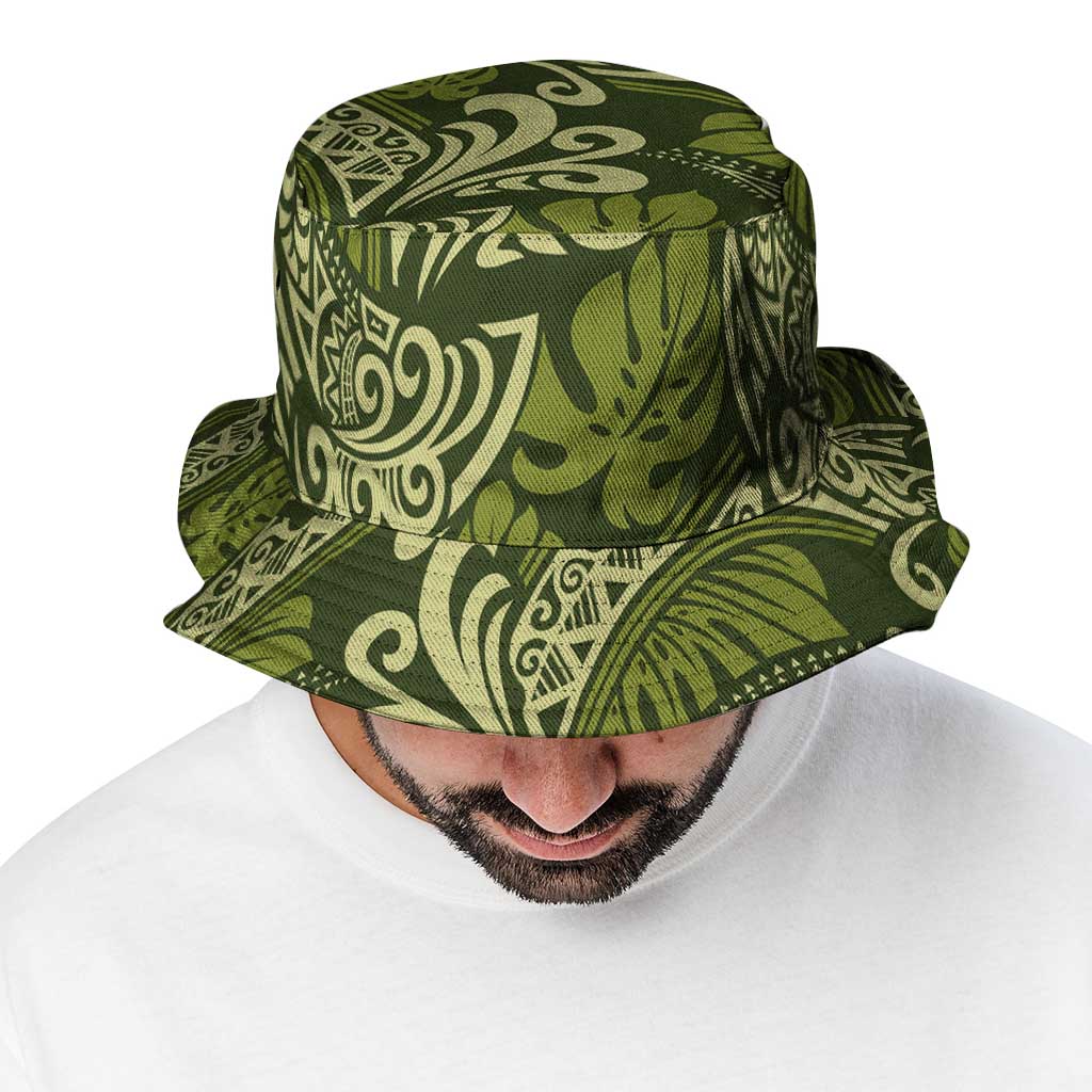 Olive Green Monstera Bucket Hat Polynesian Tribal Pattern - Polynesian Pride