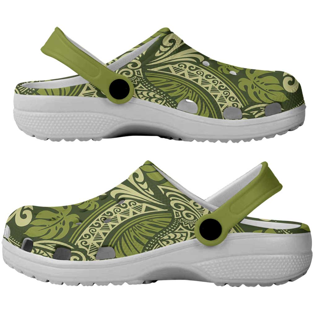 Olive Green Monstera Clogs Shoes Polynesian Tribal Pattern - Polynesian Pride