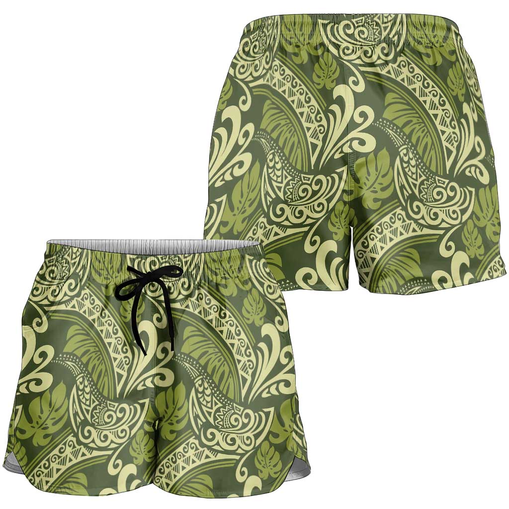Olive Green Monstera Shorts for Women Polynesian Tribal Pattern LT01 - Polynesian Pride