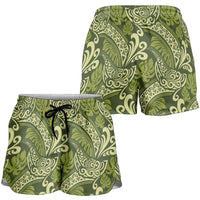 Olive Green Monstera Shorts for Women Polynesian Tribal Pattern LT01 - Polynesian Pride