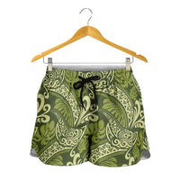 Olive Green Monstera Shorts for Women Polynesian Tribal Pattern LT01 - Polynesian Pride