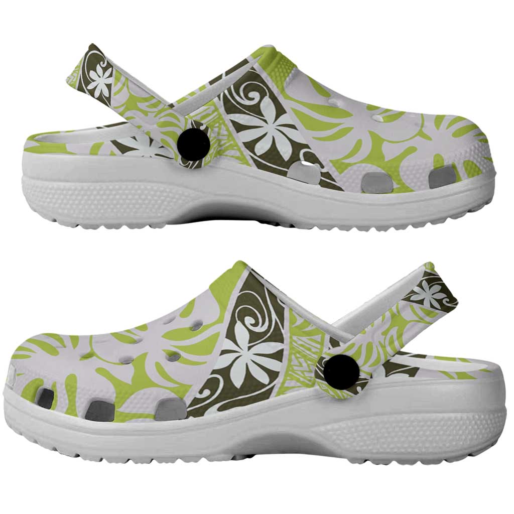 Olive Tahiti Tiare Monstera Clogs Shoes Polynesian Pattern Curve Style - Polynesian Pride