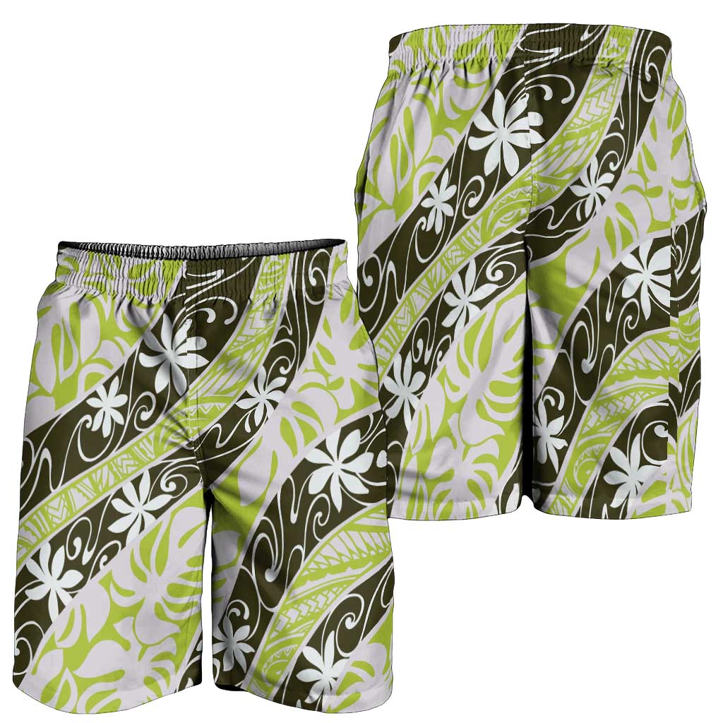 Olive Tahiti Tiare Monstera Shorts for Men Polynesian Pattern Curve Style - Polynesian Pride