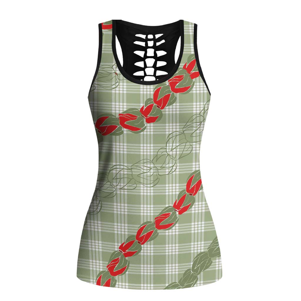 Omaomao Aloha Hawaii Hollow Tank Top Rosebud Lei With Palaka Motif LT14 Female Green - Polynesian Pride