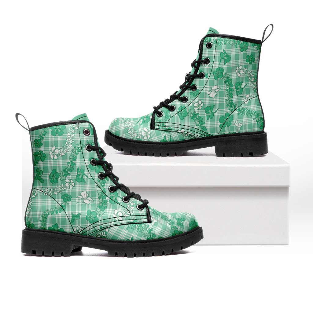 Omaomao Aloha Hawaii Leather Boots Plumeria Lei With Palaka Motif - Polynesian Pride