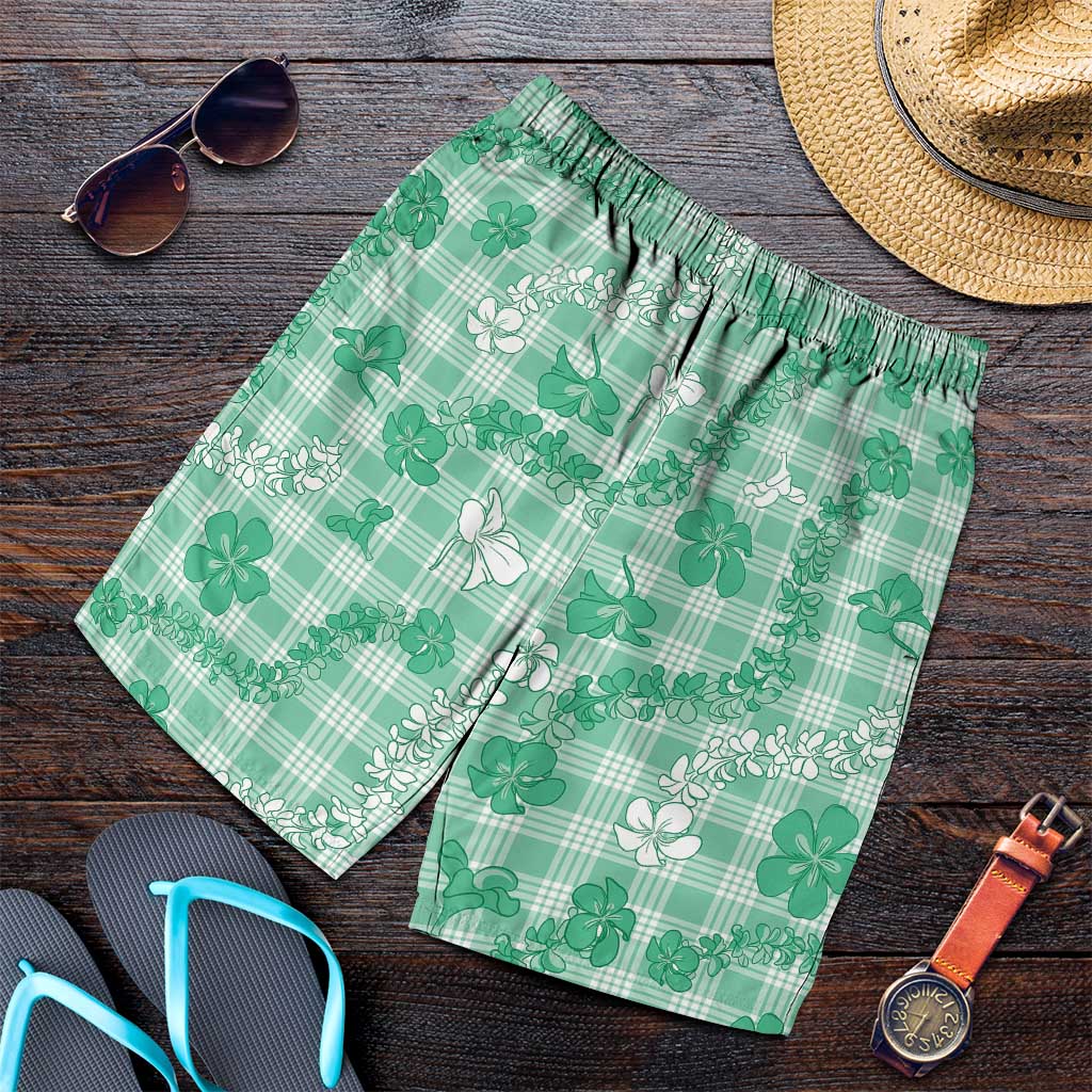 Omaomao Aloha Hawaii Shorts for Men Plumeria Lei With Palaka Motif LT14 Green - Polynesian Pride