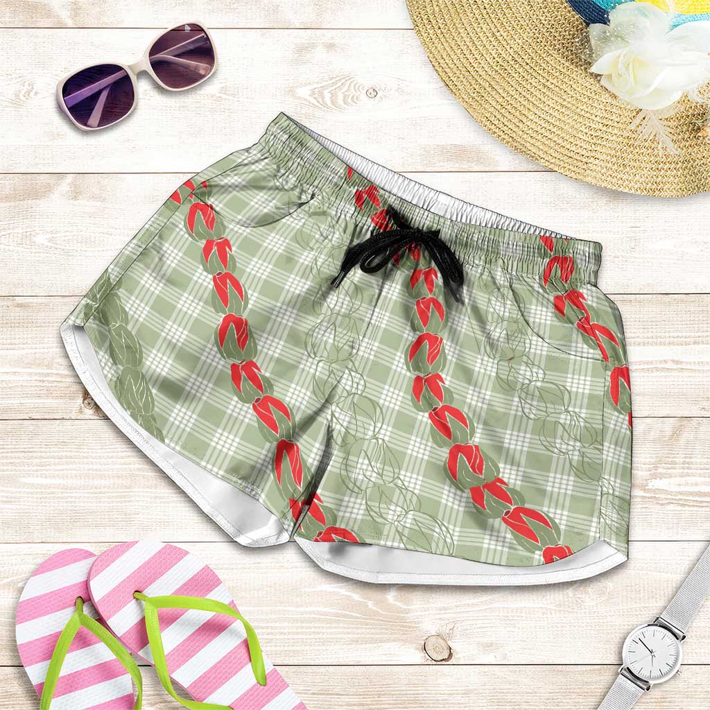 Omaomao Aloha Hawaii Shorts for Women Rosebud Lei With Palaka Motif LT14 Green - Polynesian Pride