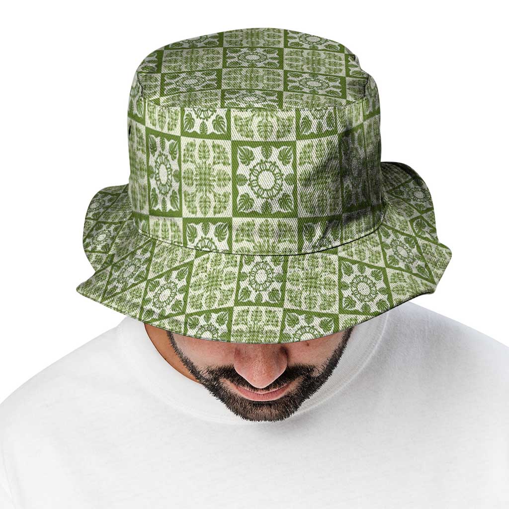 Omaomao Palaka Quilt Hawaii Bucket Hat Hawaiian Tropical Monstera Sea Turtle LT14 - Polynesian Pride
