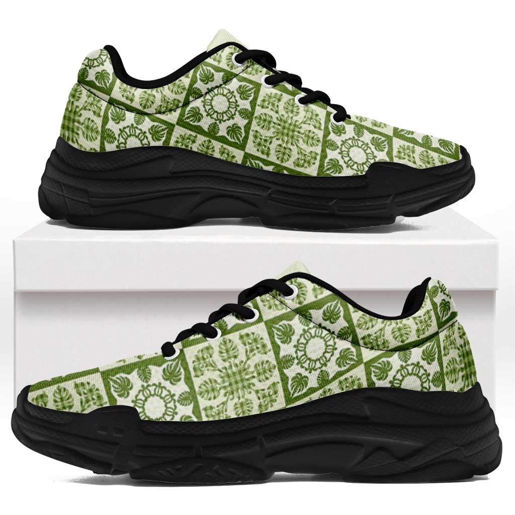Omaomao Palaka Quilt Hawaii Chunky Sneakers Hawaiian Tropical Monstera Sea Turtle LT14 Green - Polynesian Pride