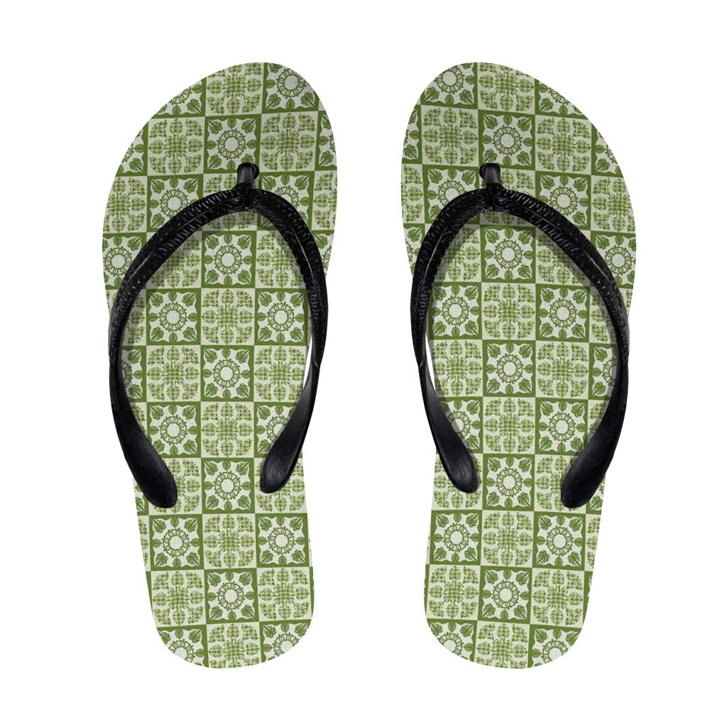 Omaomao Palaka Quilt Hawaii Flip Flops Hawaiian Tropical Monstera Sea Turtle LT14 Green - Polynesian Pride