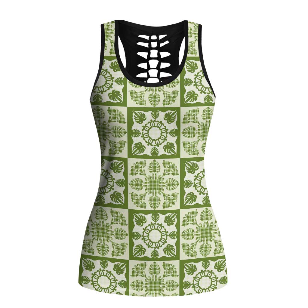 Omaomao Palaka Quilt Hawaii Hollow Tank Top Hawaiian Tropical Monstera Sea Turtle LT14 Female Green - Polynesian Pride