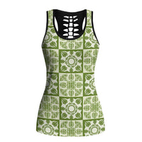 Omaomao Palaka Quilt Hawaii Hollow Tank Top Hawaiian Tropical Monstera Sea Turtle LT14 Female Green - Polynesian Pride