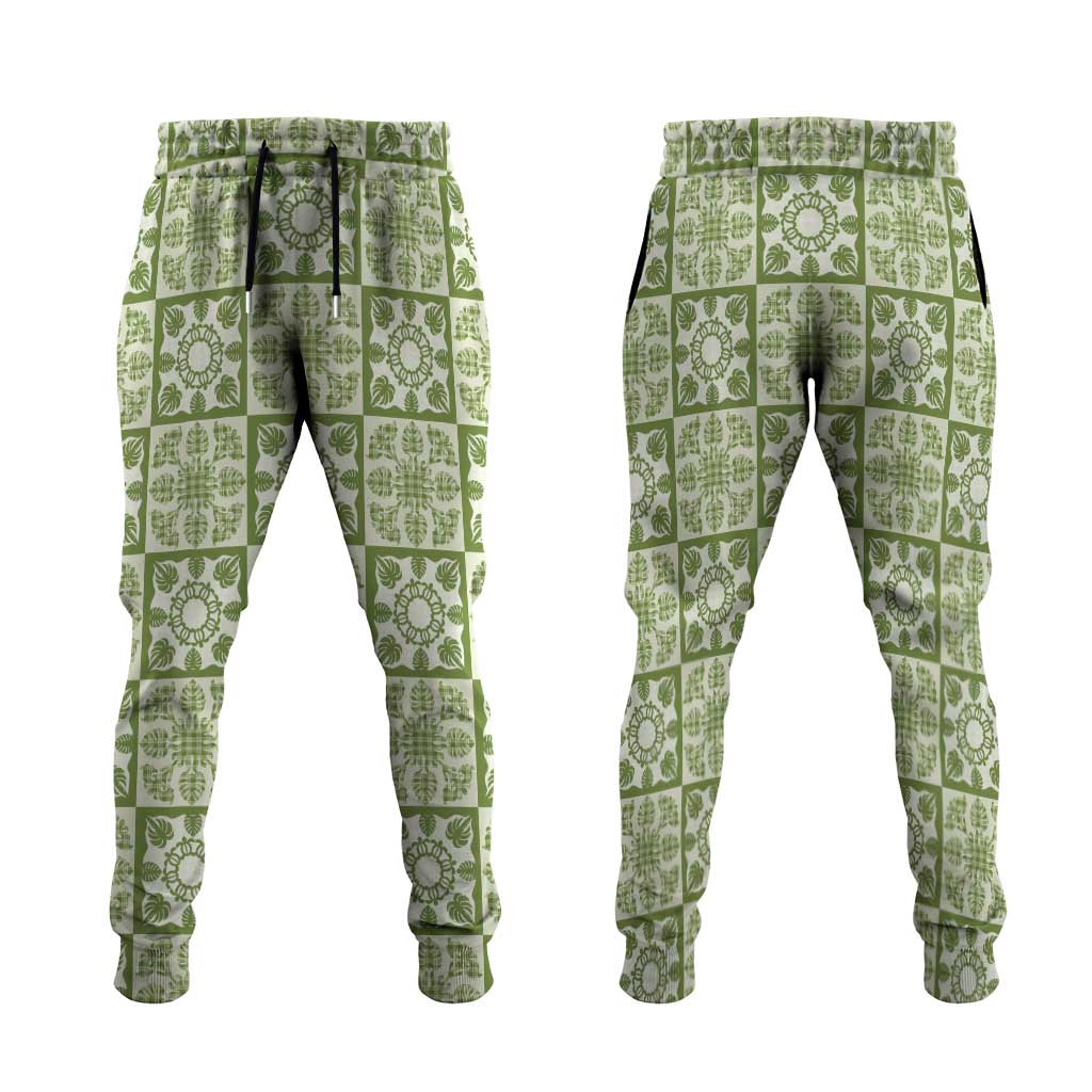 Omaomao Palaka Quilt Hawaii Jogger Pants Hawaiian Tropical Monstera Sea Turtle LT14 Green - Polynesian Pride