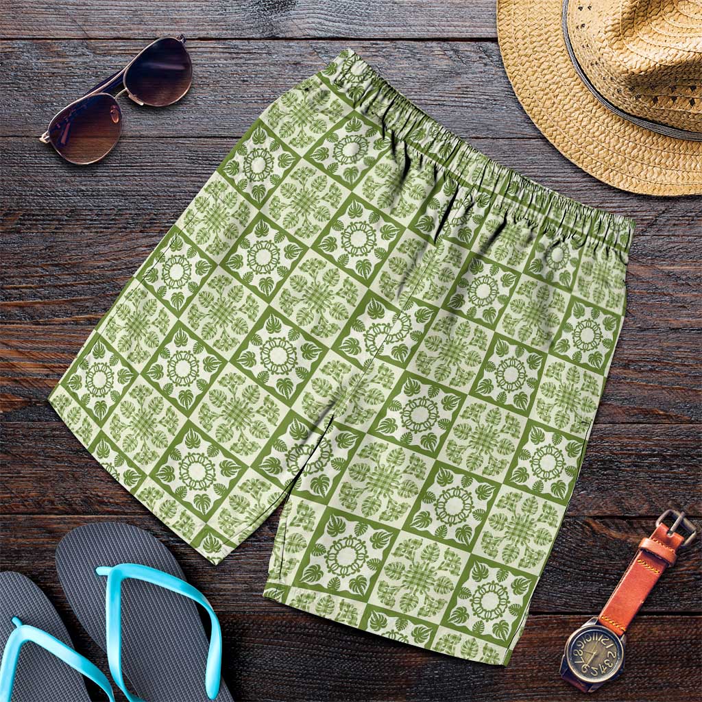 Omaomao Palaka Quilt Hawaii Shorts for Men Hawaiian Tropical Monstera Sea Turtle LT14 Green - Polynesian Pride