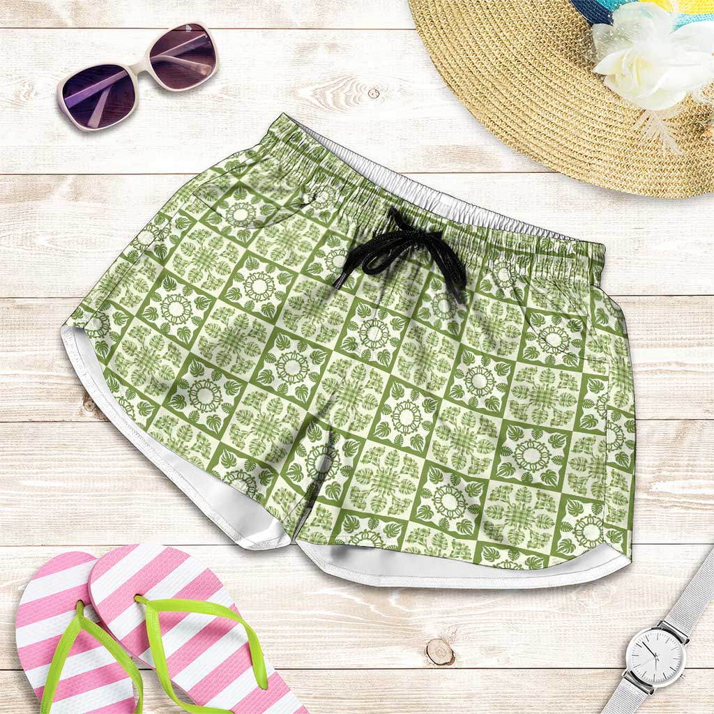 Omaomao Palaka Quilt Hawaii Shorts for Women Hawaiian Tropical Monstera Sea Turtle LT14 Green - Polynesian Pride