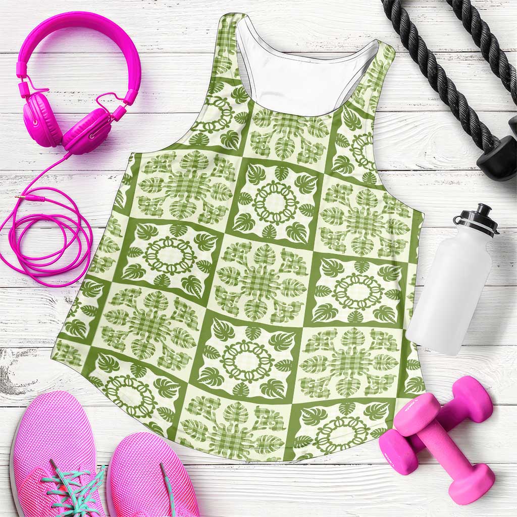 Omaomao Palaka Quilt Hawaii Women Racerback Tank Hawaiian Tropical Monstera Sea Turtle LT14 Green - Polynesian Pride