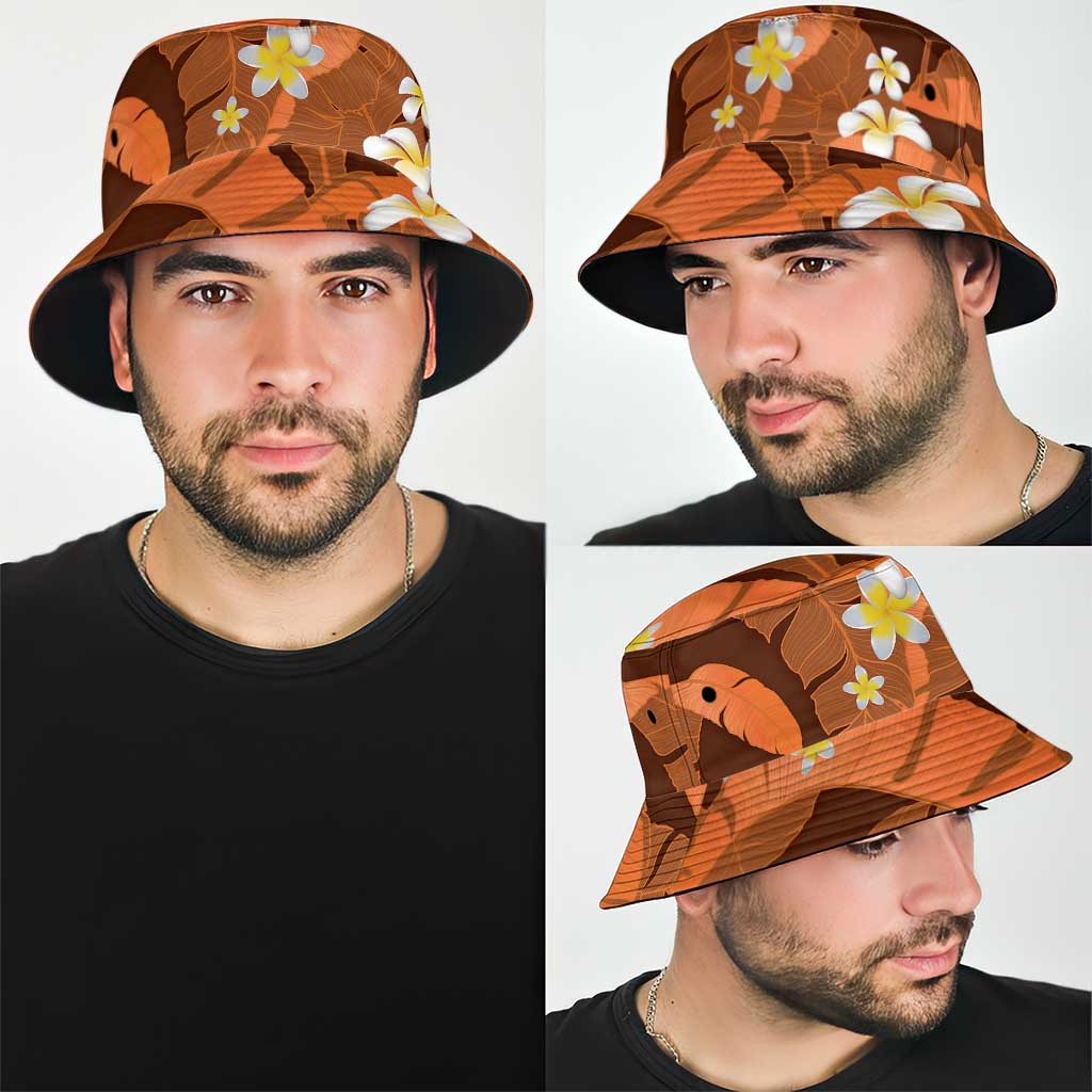Orange Banana Leaf Hawaii Bucket Hat Lau Maia Plumeria Tropical Summer Vibes