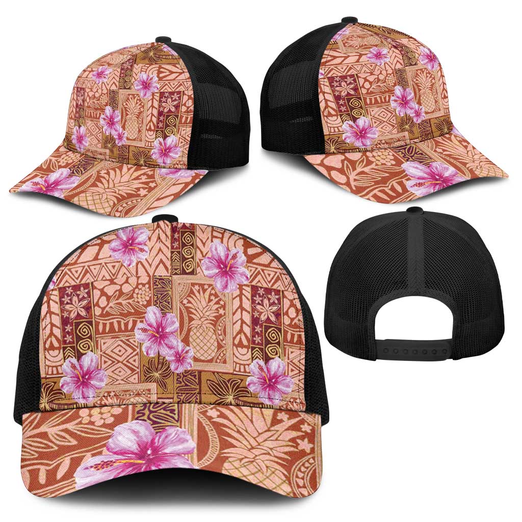 Orange Hawaii Hibiscus With Tropical Flowers Motifs Mesh Trucker Cap - Polynesian Pride
