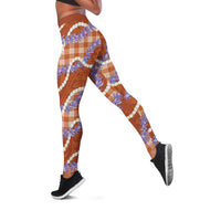 Orange Hawaii Palaka Honohono Pikake Leggings Hawaiian Orchid Lei Polynesian Pattern - Polynesian Pride