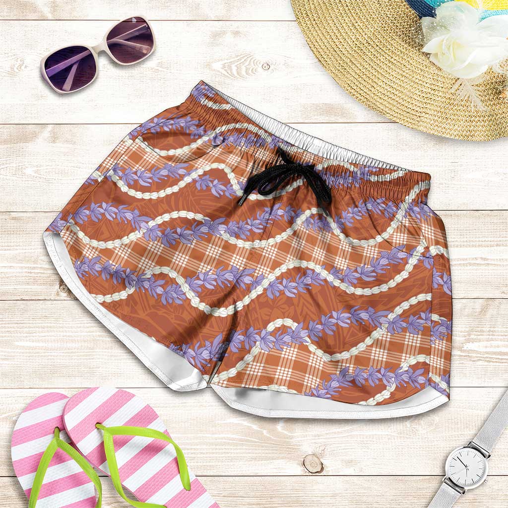 Orange Hawaii Palaka Honohono Pikake Shorts for Women Hawaiian Orchid Lei Polynesian Pattern LT14 Orange - Polynesian Pride