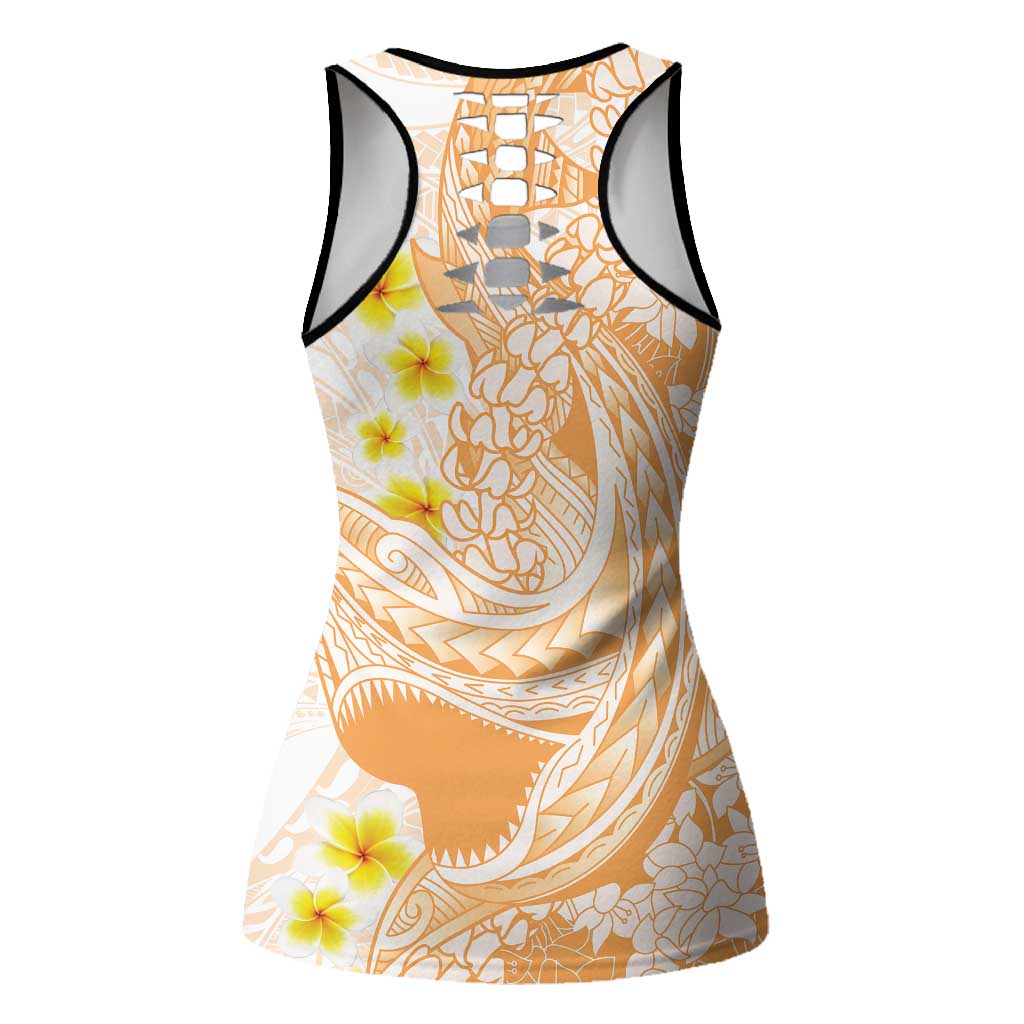 Orange Hawaii Shark Tattoo Hollow Tank Top Puakenikeni Lei Plumeria Polynesian Pattern LT14 - Polynesian Pride