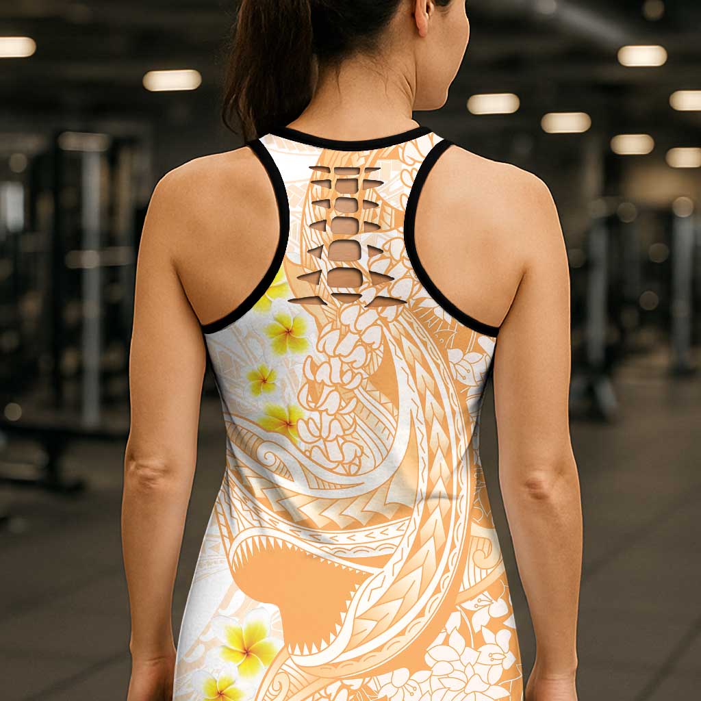 Orange Hawaii Shark Tattoo Hollow Tank Top Puakenikeni Lei Plumeria Polynesian Pattern LT14 - Polynesian Pride