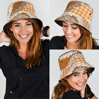 Orange Hawaii Tiare and Shell Lei Bucket Hat Hawaiian Palaka Luxury Vibes - Polynesian Pride