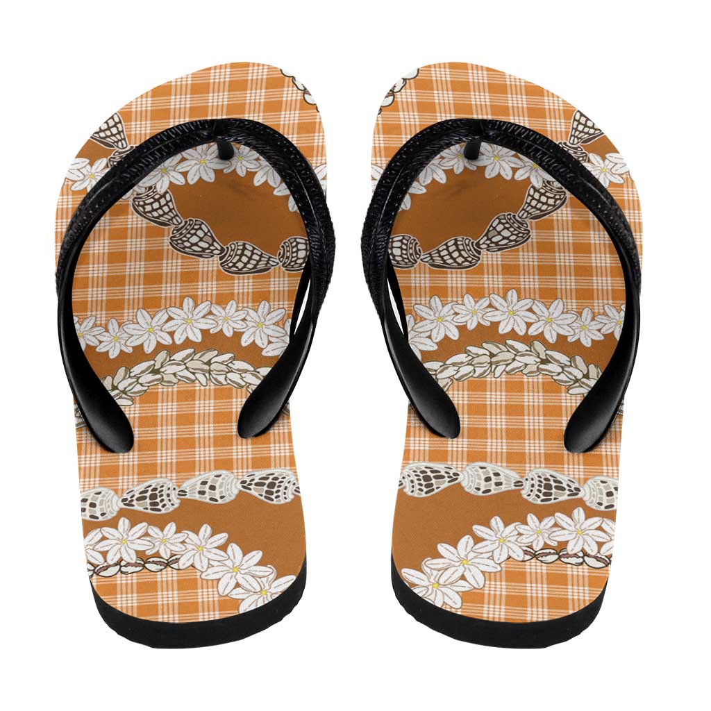 Orange Hawaii Tiare and Shell Lei Flip Flops Hawaiian Palaka Luxury Vibes - Polynesian Pride