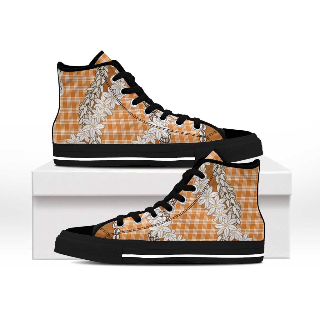 Orange Hawaii Tiare and Shell Lei High Top Shoes Hawaiian Palaka Luxury Vibes LT14 - Polynesian Pride