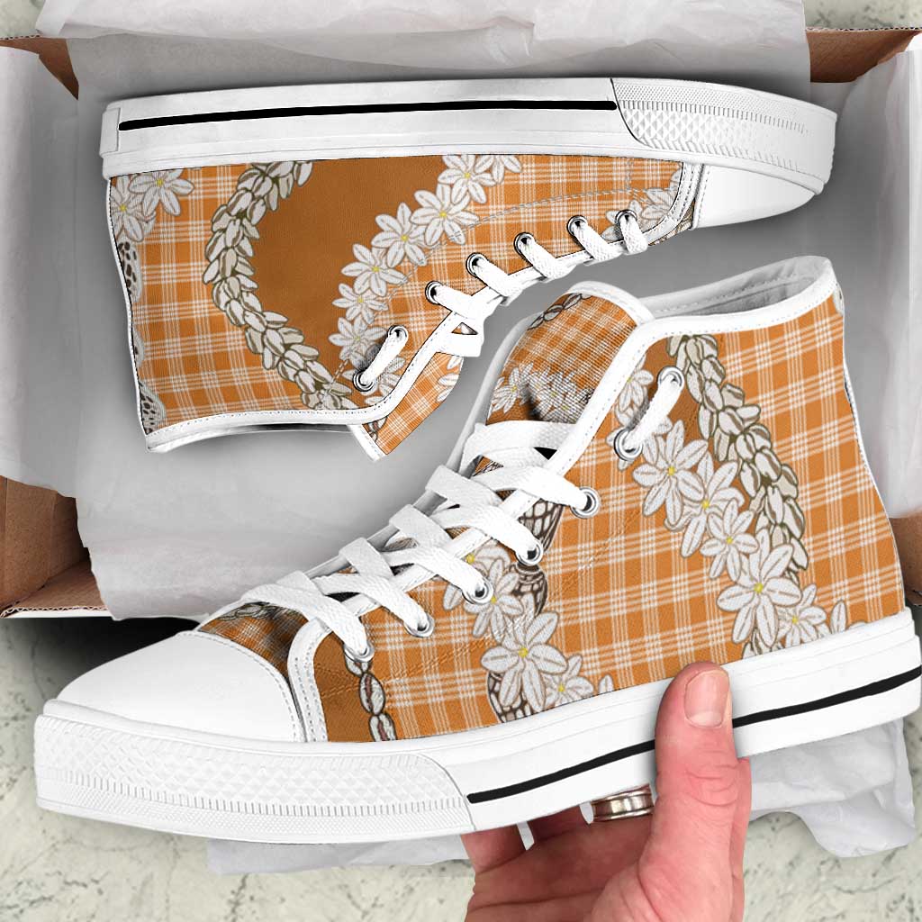 Orange Hawaii Tiare and Shell Lei High Top Shoes Hawaiian Palaka Luxury Vibes LT14 Orange - Polynesian Pride